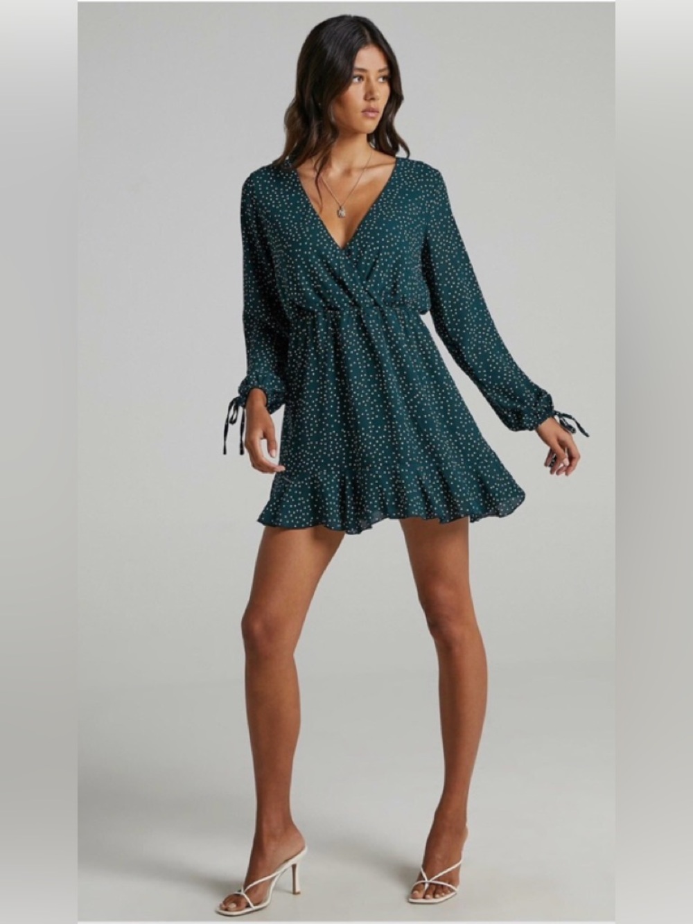 Showpo. Mini Dress Keep it Smart Long Sleeve in Emerald Spot Polka Dot Size 14